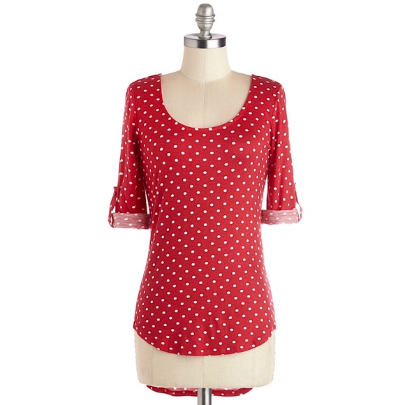 Monteau Red White Polka Dot Bow Back Tunic Top S - Picture 1 of 5